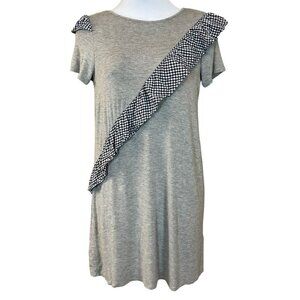 Love Fire Gray T-Shirt Dress Crosswise Black & White Gingham Ruffle Girls Size L